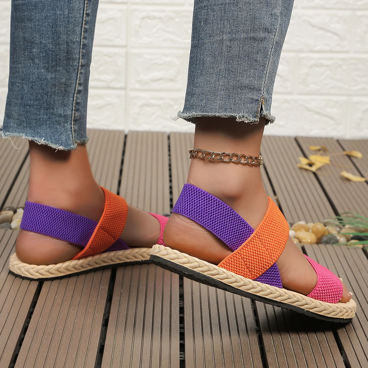 Women&rsquo;s Anti-slip Wear-resistant Elastic Flat Sandals Fashion Trend Multi-color Matching