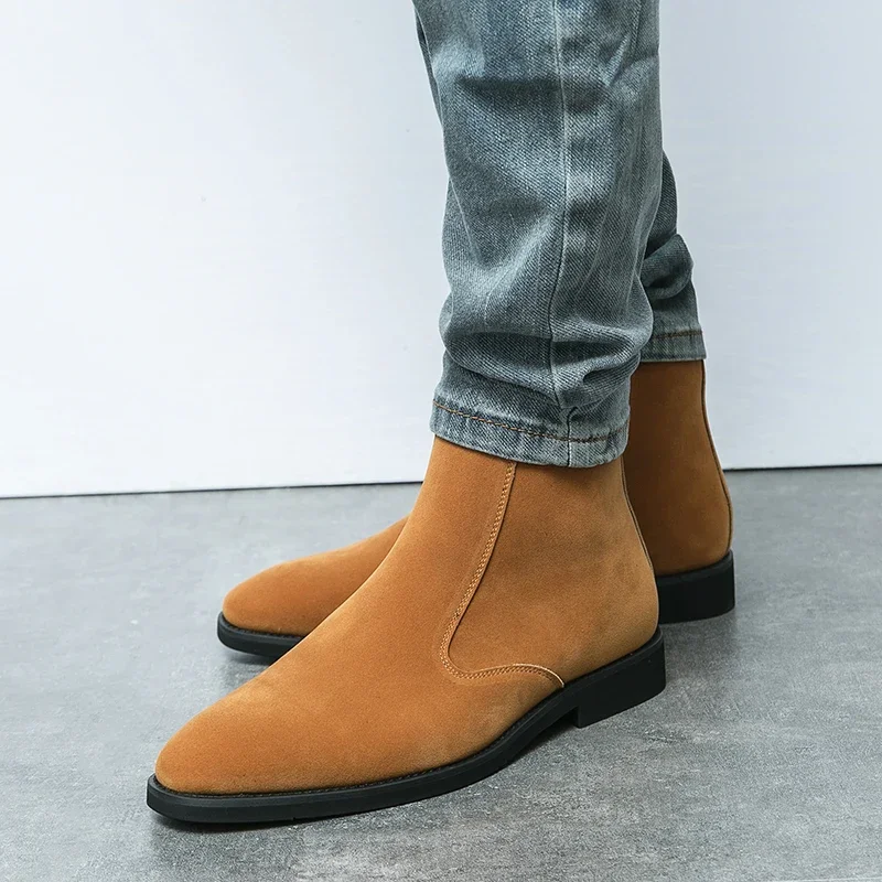Men Fashion Chelsea Boots Reversed Fleece Leather High Top Side Zipper European and American Style Black Brown 38-46 Male Boots