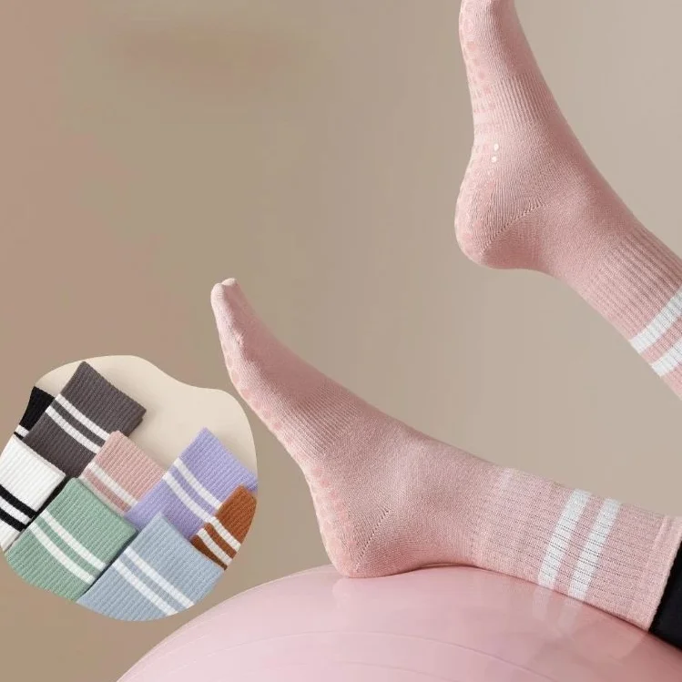3 pairs of yoga socks, medium length socks, pure cotton anti slip silicone indoor fitness pilates, women's sports socks wholesal