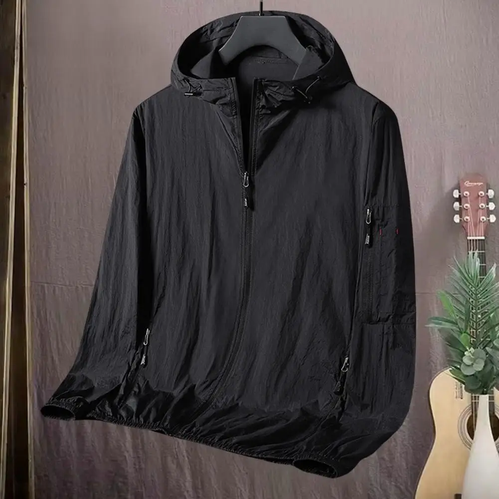 

Men Sun Protection Outerwear Men's Sun Protection Hooded Jacket with Zipper Placket Pockets Solid Color Outwear for Spring