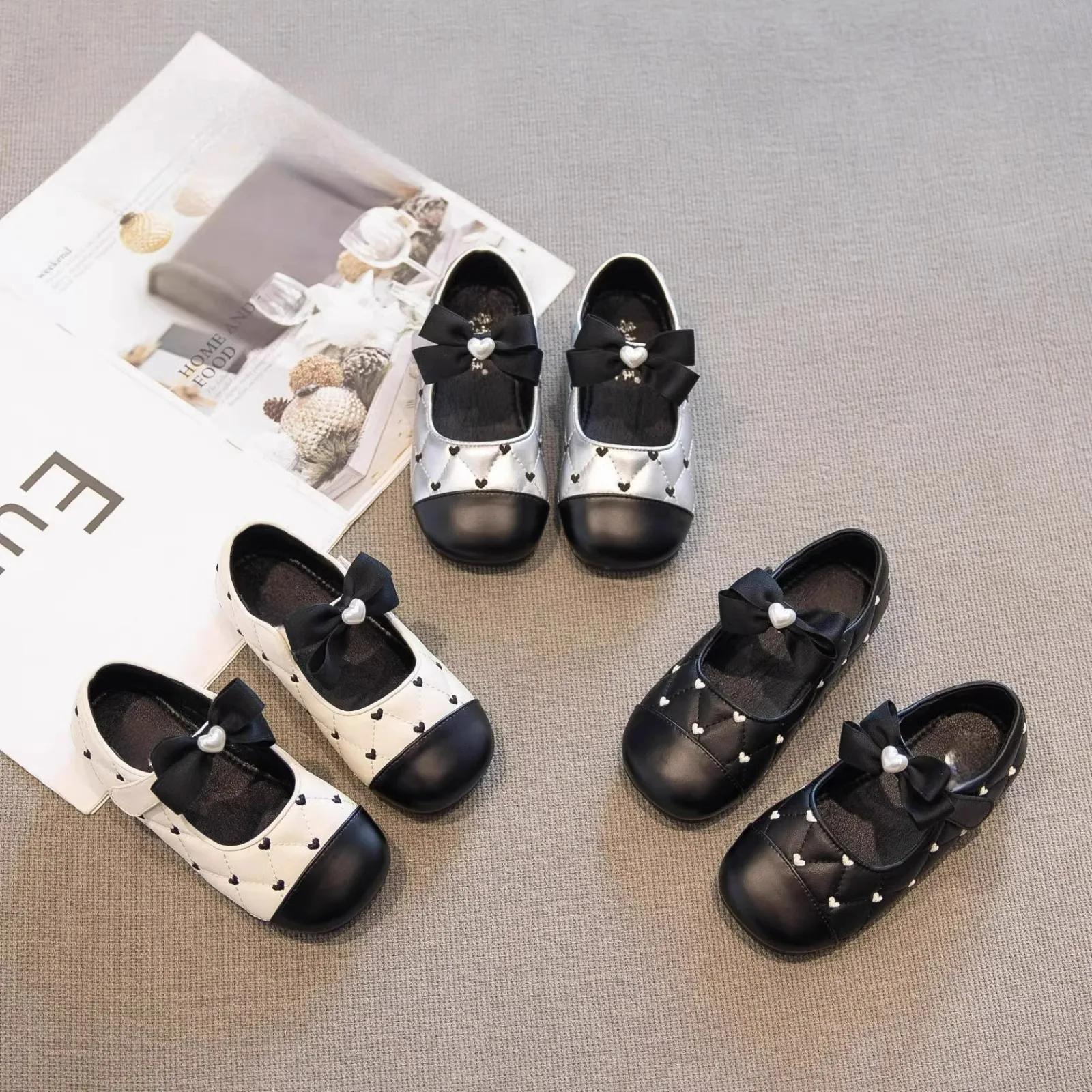 Leather Kids Ballet Flats for Girls with Bow Detail