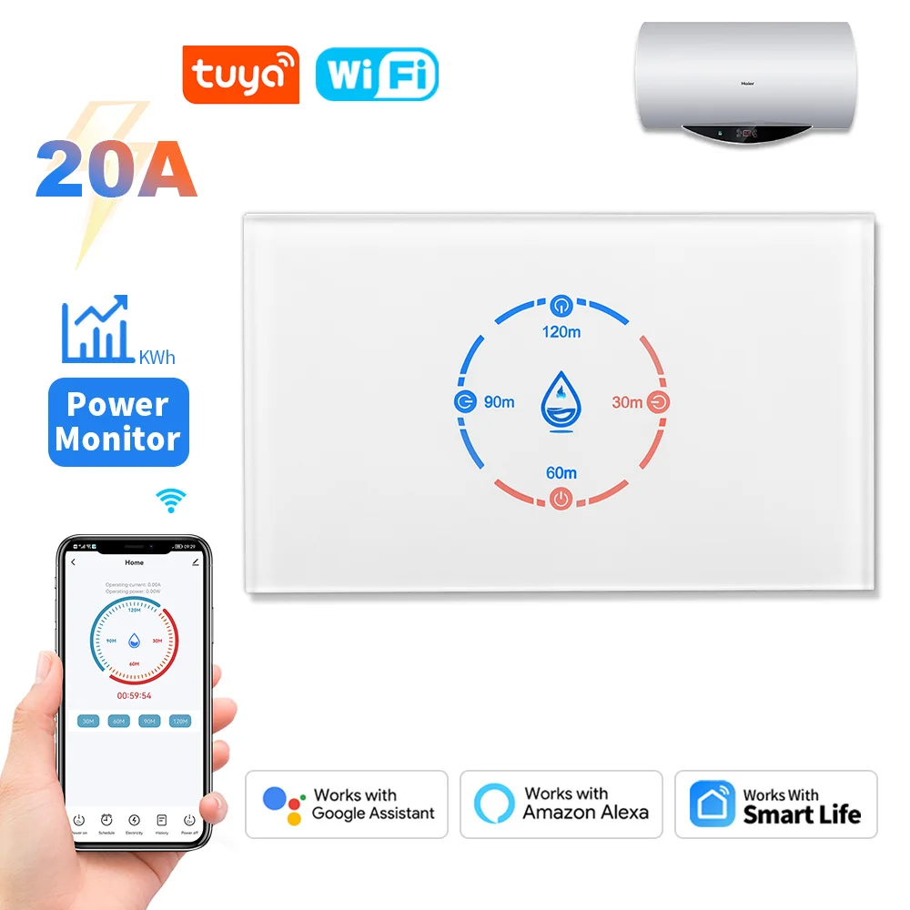20A Tuyaสมาร์ทWifiเครื่องทําน้ําอุ่นหม้อไอน้ําสวิทช์สัมผัส 4400W USจับเวลามาตรฐานSmart Life APPรีโมทคอนโทรลAlexa Google Home 1