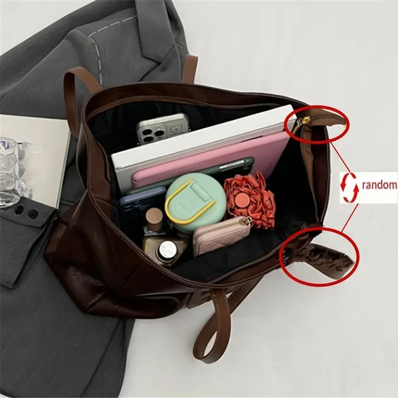 Chic Large Capacity Women's Tote Bag - Casual Vintage Soft Faux Leather, Versatile Solid Color Shoulder Handbag with Zip Closure