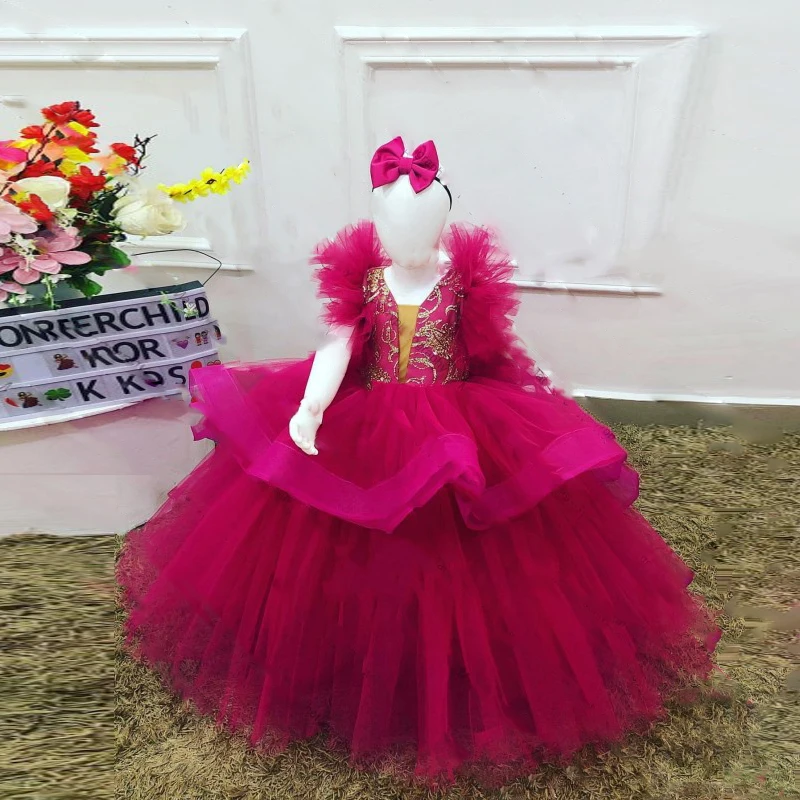 

Fuchsia Little Girl Tutu Dress For Wedding Applique Fluffy Tulle Birthday Wear Girl Dress Flower Girl Dresses Ruffle Train