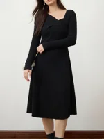 DUSHU 3% Wool Black Elegant Style Knit Dress For Women 2024 Winter New Design Black Hepburn Style Casual Long Dress 24DS84117
