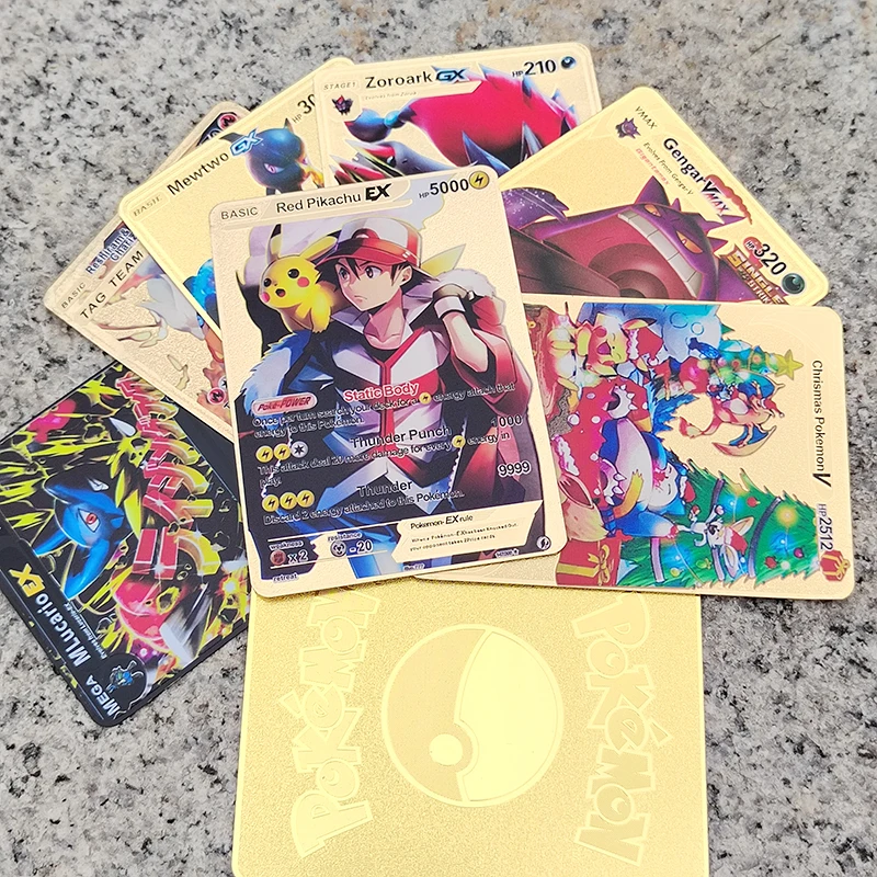 7000 HP Metal Pokemon Cards Spanish Letters Golden Iron GX EX Shiny Pokémon  Mewtwo Gengar Charizard Eevee Pikachu Children Toys - AliExpress