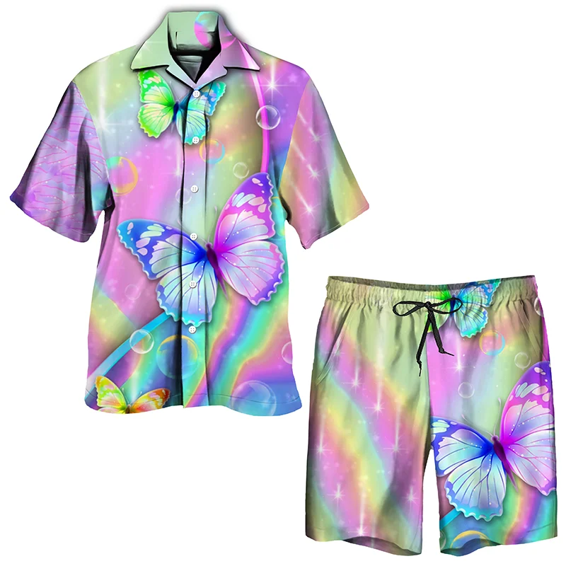 

2023 Summer Shirt Women Casual Two Piece Suit Bohemia Style Butterfly Print Short Sleeve Top & Shorts Set Women Clothing Blouse