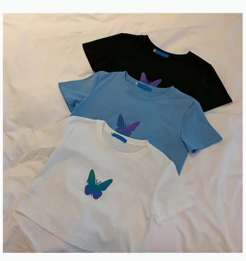 Butterfly Print Short Sleeve Tee Tops for Summer