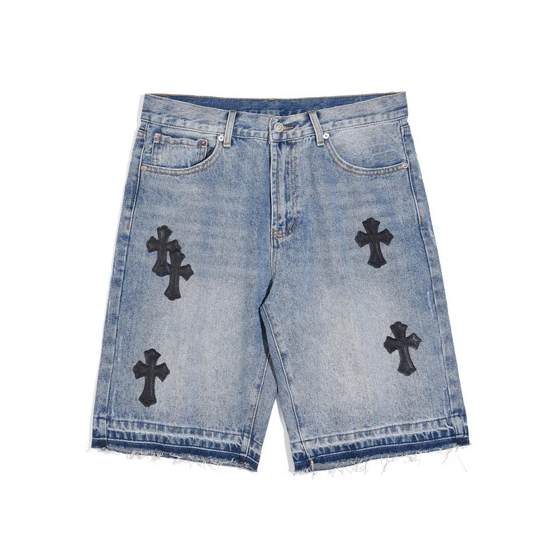 High-Street-Embroidered-Leather-Cross-Denim-Shorts-Men-s-Washed-Raw ...
