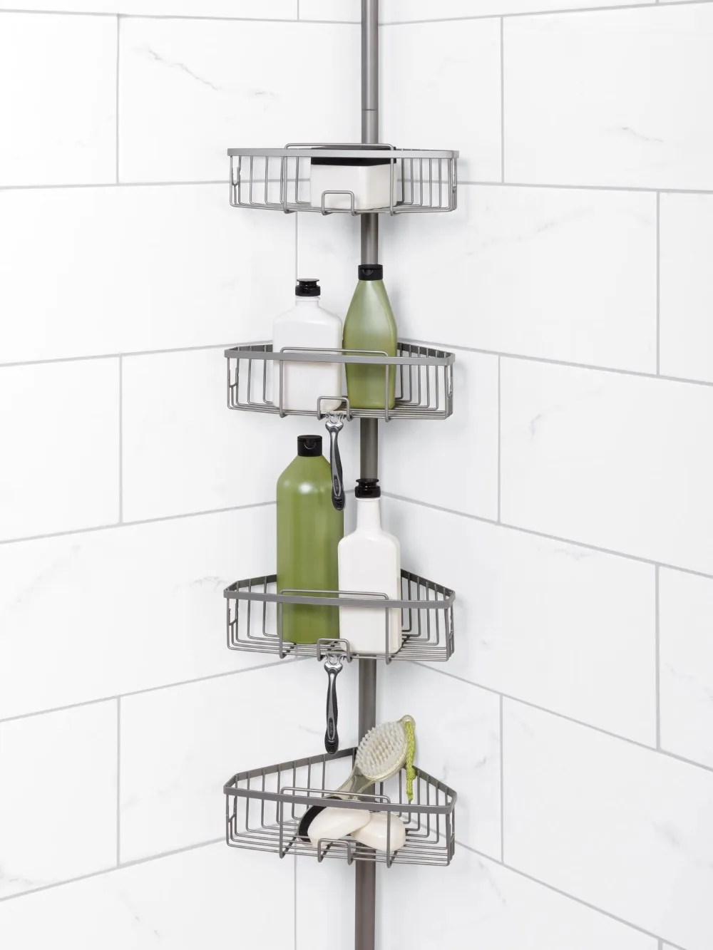 

Satin Nickel Metal Tension Rod Shower Cart with 4 Baskets Adjustable 5 - 9 Feet