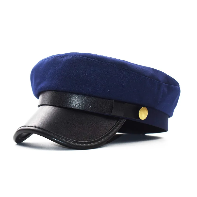 Unisex PU Leather Autumn Sailor Hat for Women Men Vintage Black Female Travel Student Captain Cap Flat Top sailor hat leather hat flat cap flat vintage cap cap hat