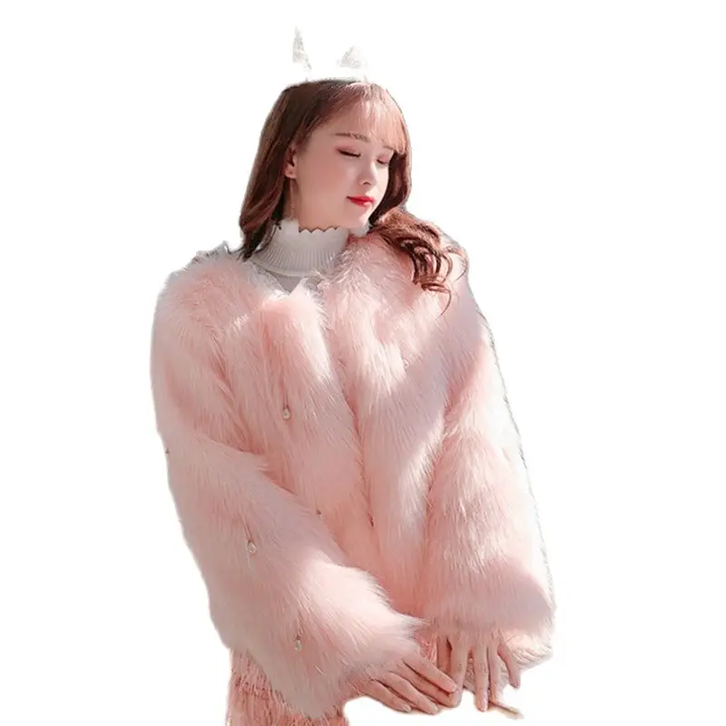 Korean Fashion New Faux Fur Women Coat Long Sleeves Pearls Beading Long Sleeves Thick Warm Winter Faux Fur Overcoat Lady