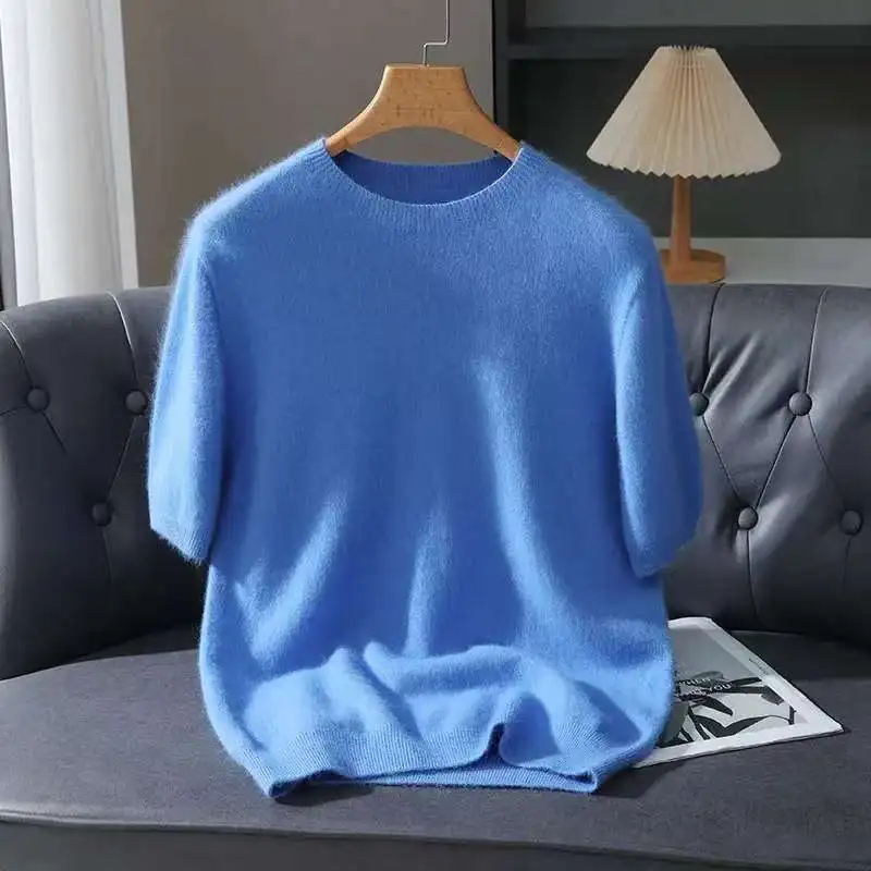 Spring Autumn 100% Mink Cashmere Short Sleeve Men's T-Shirt Loose O-Neck Solid Color Knit Sweater Casual Business Base Pullover 2