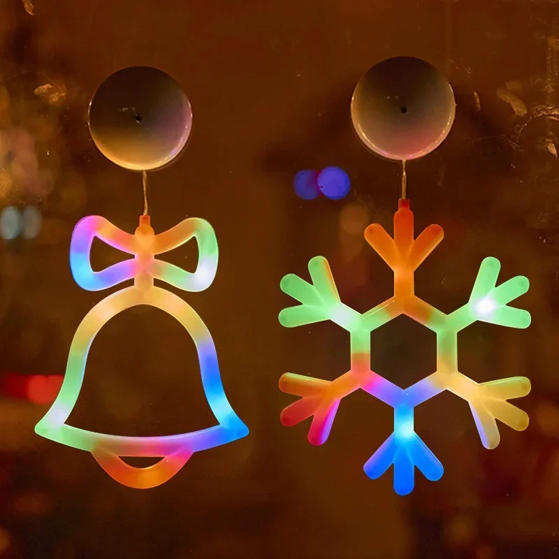 Window Wall Lights Battery Powered Snowflake Jingle Bell Stocking Shaped with Suction Cup for Christmas Holiday Home Decor