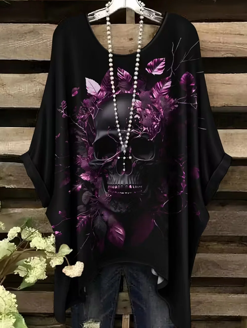 ตัวเลือกสินค้า เสื้อยืดโอเวอร์ไซส์สไตล์ Y2K ลายหัวกะโหลกโบฮีเมียน