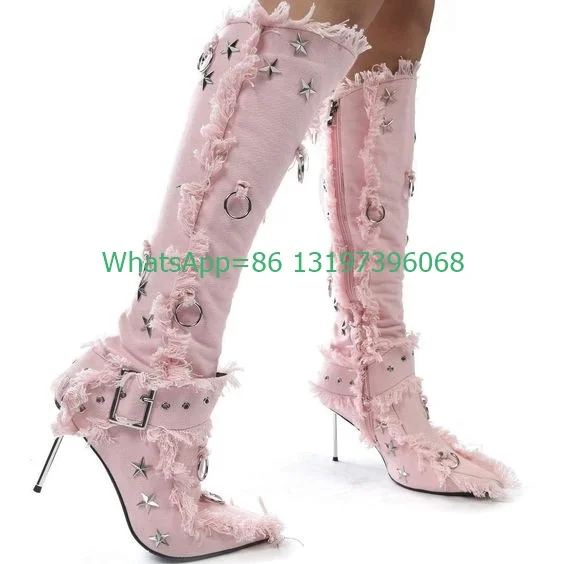 

Lady pink gothic style design knee boots buckle strap sliver heel boots new arrive runway boots high heels punk cowboy shoes 46