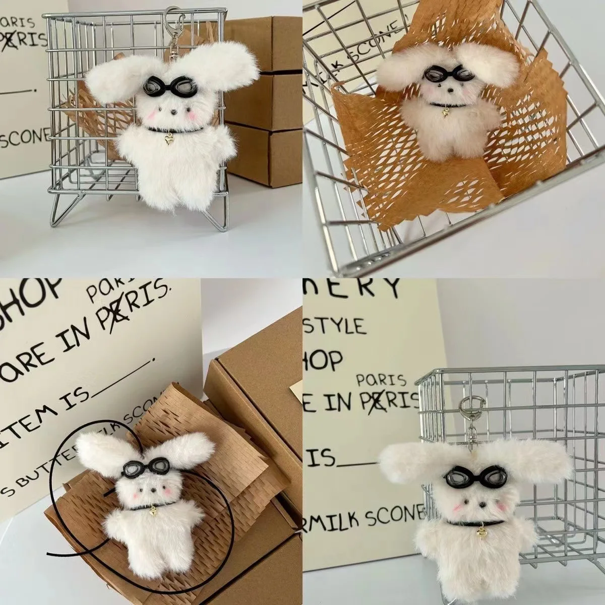 8cm Plush Rabbit Pendant Soft Lovely White Bunny Wear Glasses Plushies Ornament Keychain Car Backpack Decor Stuffed Doll Toy