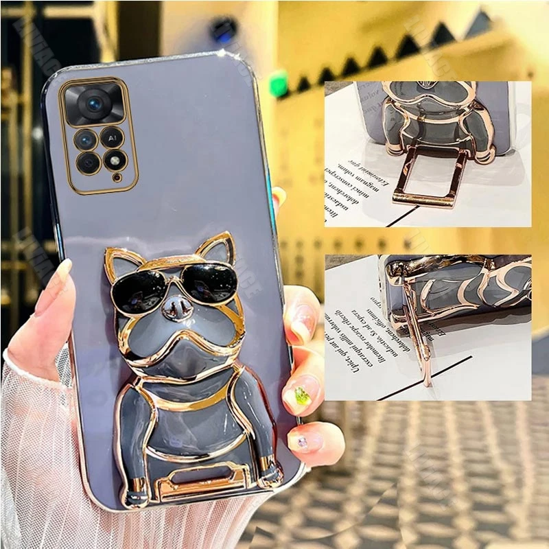 Étui de support de placage de bouledogue pour lunettes de soleil, pour Xiaomi Redmi Note 11 8 9 Pro Max 10 12 10s 11s 9A 9T 9C Nfc 4G 5G_voghion.com