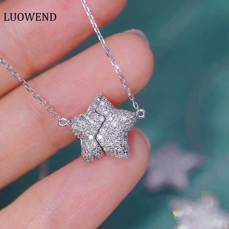 

LUOWEND 18K White Gold Necklace Romantic Star Design 0.40carat Real Natural Diamond Pendant Necklace for Women Anniversary Gift