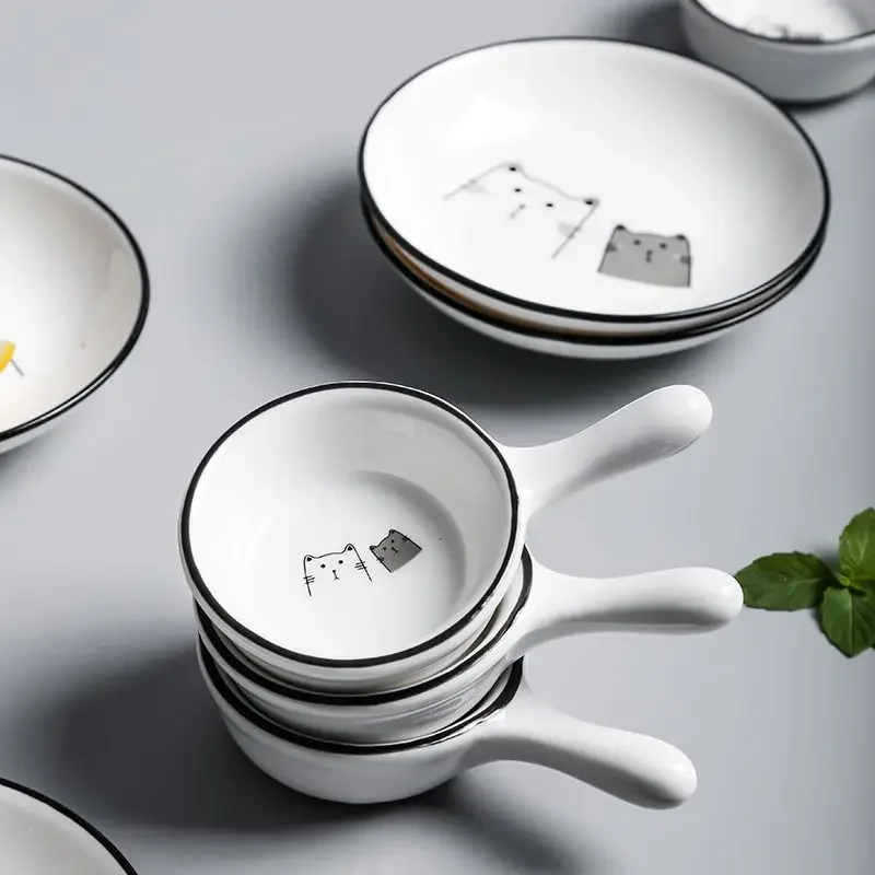 Ceramic Tableware Snack Dipping Saucer Household Seasoning Box Scandinavian Style Cat Pattern Round Shape