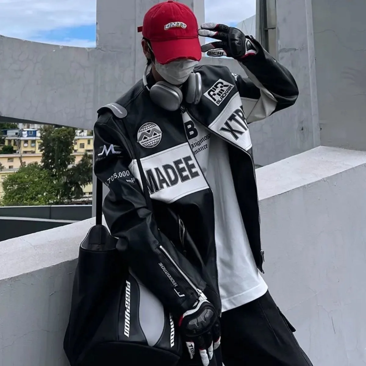 

American retro PU leather racing zipper motorcycle jackets Handsome embroidery Baseball uniform Trendy couples for men