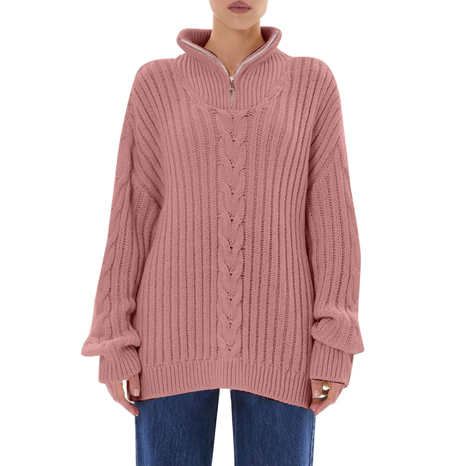 

Sweatshirt Women's Fashion Autumn And Winter Loose Zipper Semi High Collar Long Sleeved Knitted Pullover Sweater