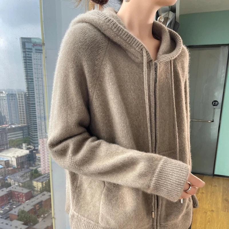 Cashmere Sweater Autumn Winter 100% Pure Wool Sweater Women's Hooded Collar Knitted Cardigan Fashion Korean Larg Size Thick Coat 3