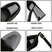  Eokkar 2023 Women Square Toe Patent Leather Ankle Strap Pumps Hot Pink Chunky High Heel 8cm/3.14inch Pumps Dress Shoes 