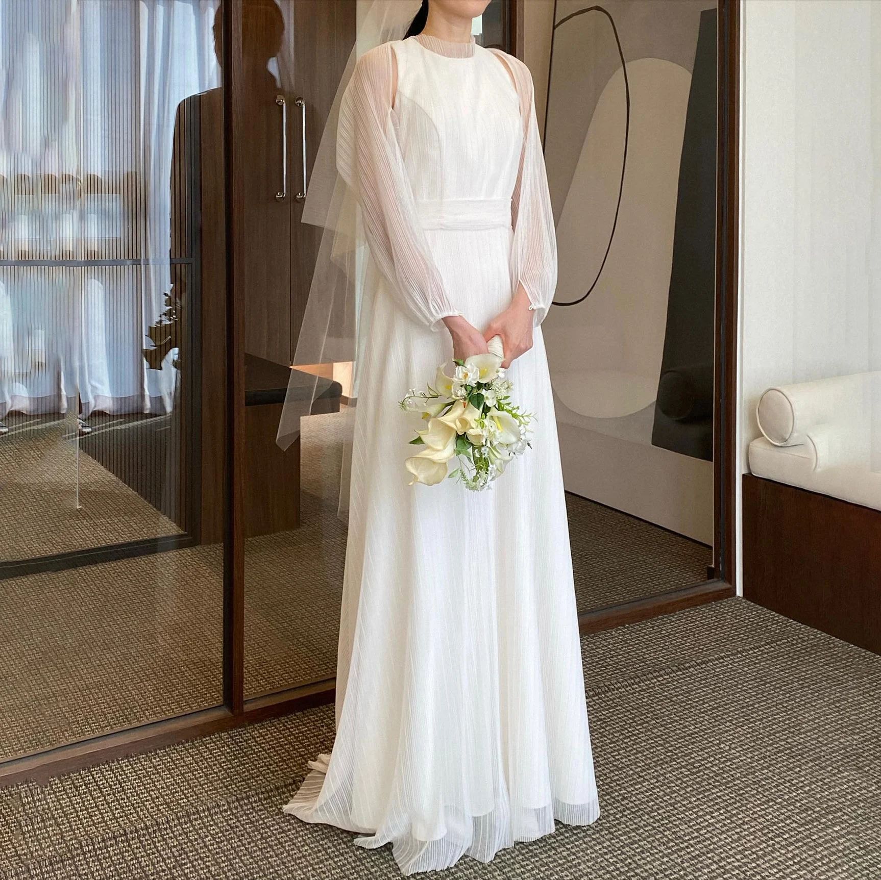 

OEING O-Neck Luxury Formal Wedding Dresses Korea White Pleat Long Sleeves 프롬드레스 Floor Length Elegant Bride Gowns Party Women