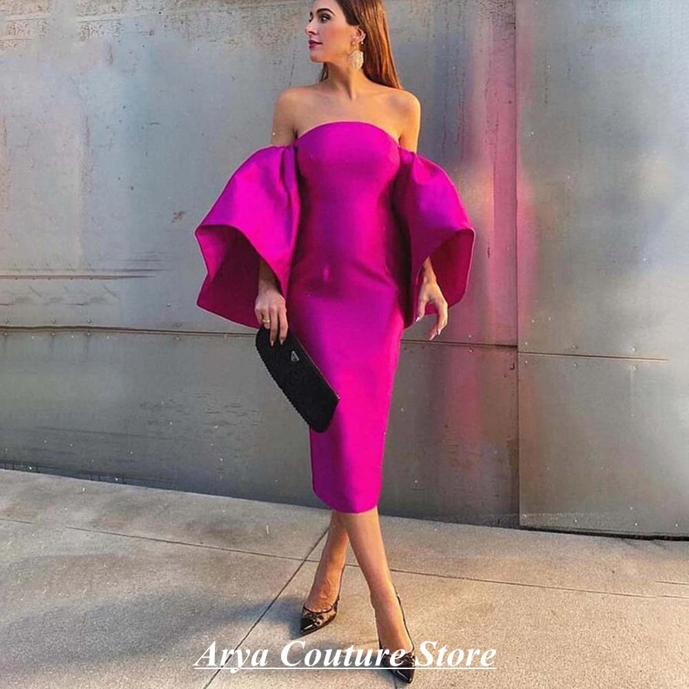 Fuchsia Cocktail Dress Off The Shoulder Puffy Sleeve Mermaid Tea Length Party Prom