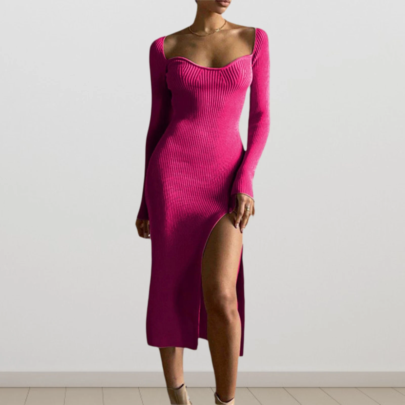 

Deep V Neck Elegant Party Dress Vintage Style Low Cut Long Sleeve Dress Side Slit Tunic Sexy Dress Solid Color Daily Outfit