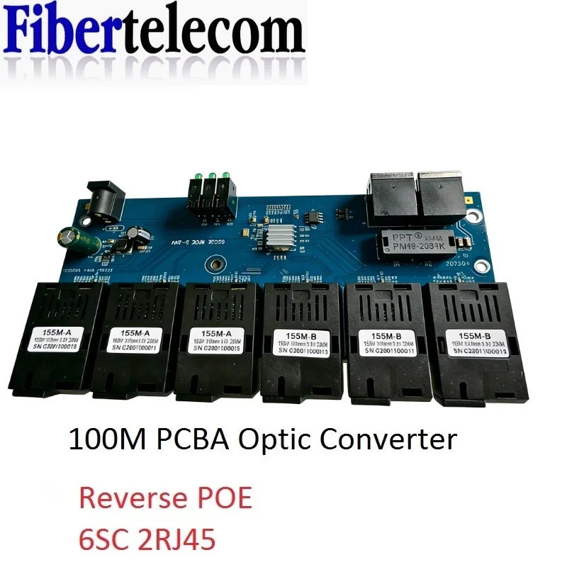 Reverse POE Switch 100M PCBA Board Fiber Optic Media Converter 2 RJ45 to 6 SC Optic Connector 3A+3B Ports 20KM Ethernet