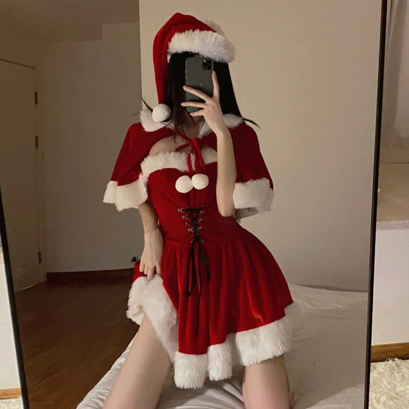 

Red Velvet Christmas Dress Woman Bunny Girl Uniform Sexy Lingerie Halloween Xmas Party Nightclub Dance Performance Dress Set