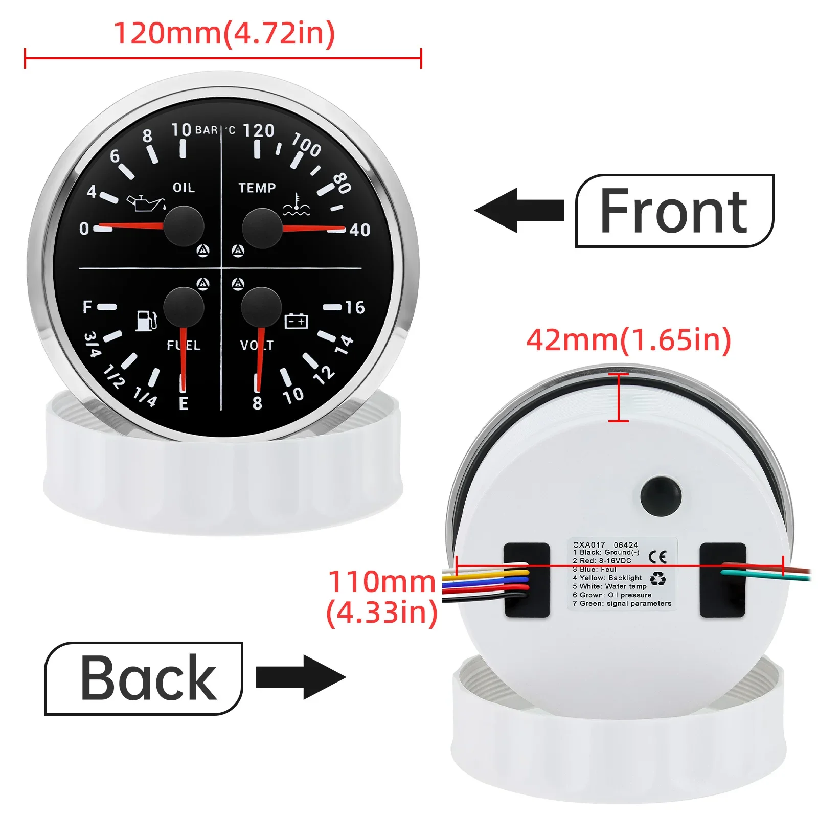 4-in-1 LED Car Marine Gauge 110mm 5