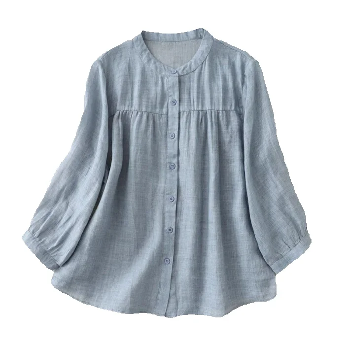 Verve Italian Women's Fashion *** Cotton Linen Shirt Thin Loose Slimming Three-Quarter Sleeve Solid Color Blouse_ecoleips.com