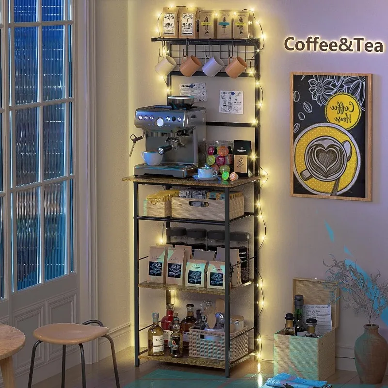5 Tier Coffee Bar Station, Coffee Stand Station with 4 S-Shaped Hooks, Farmhouse Corner Coffee Bar Cabinet for Small Spaces, 6