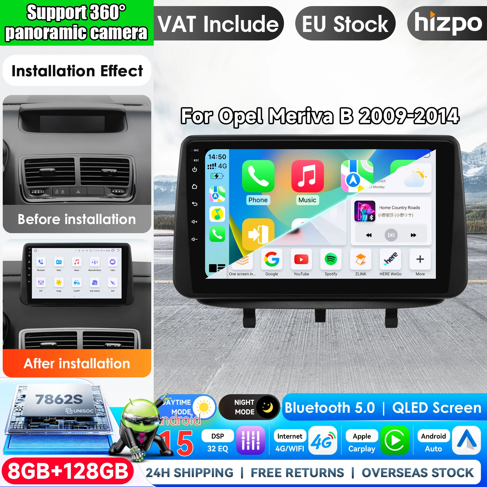 Radio para coche Hizpo de 9 pulgadas con CarPlay inalámbrico y Android Auto para Opel Meriva B 2009-2014, sistema multimedia inteligente con Apple CarPlay, pantalla táctil IPS, reproductor de vídeo estéreo, 2 Din, autorradio, unidad principal, navegación, BT, GPS, 4G, WIFI, FM, AM, DSP, RDS, SWC, cámara 360. 1