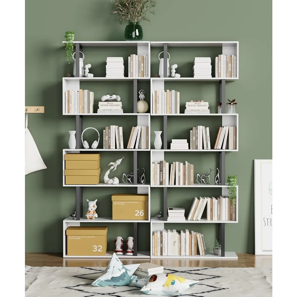 6 Tier Geometric Bookcase,S Shaped Bookshelf, Wood Decorative Storage Shelving, Modern Freestanding Display Shelves, Tal