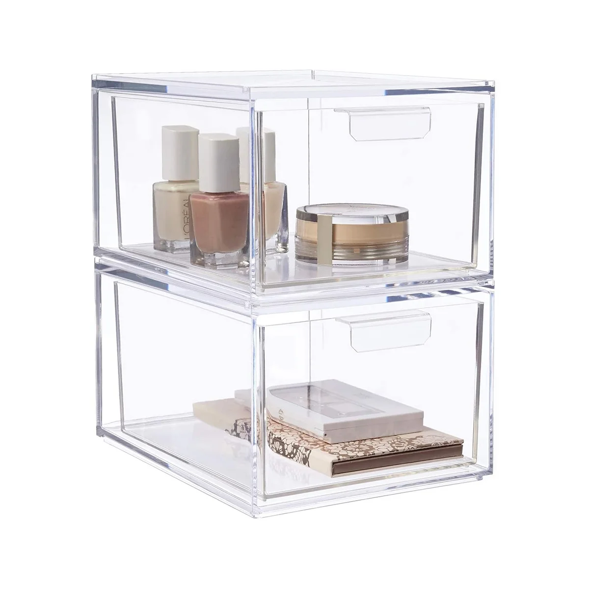 

Stackable Clear Plastic Organizer Drawers 4.5-Inches Tall Organize Cosmetics and Beauty Supplies