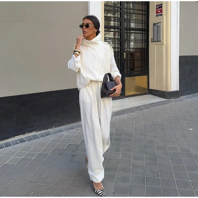 Solid Single Breasted Jacket Suit Loose Full Sleeve Lapel Jackets Wide Leg 2026 Spring New Chic Casual Women Loose All-match Set