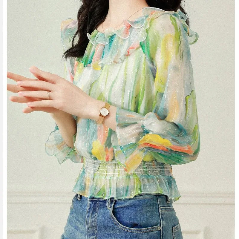 Spring Summer Three Quarter Fashion Printing Blouse Women High Street Casual Elastic Waist Elegant Edible Tree Fungus Pullovers