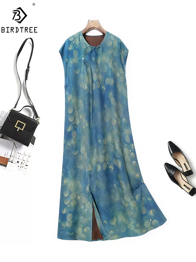 

Платье с принтом птичьей елки, китайское шелковое платье с полированным газовым принтом, с круглым вырезом и коротким рукавом, женское платье ретро, лето 2024, D45473QM