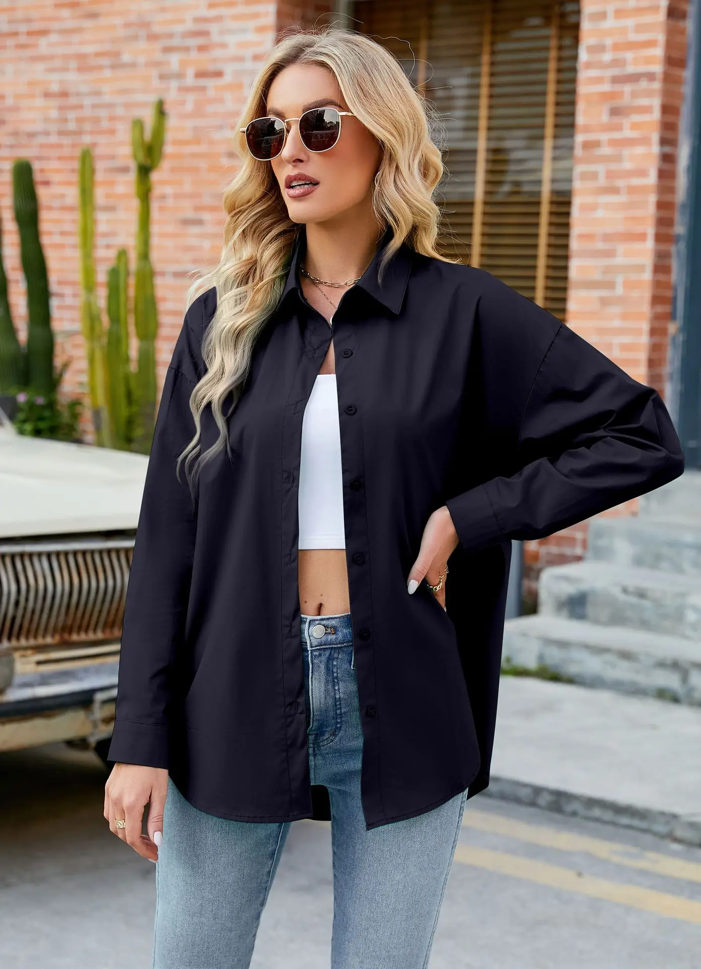 Womens Clothing V-neck Solid Button Long Sleeve Casual Blouse