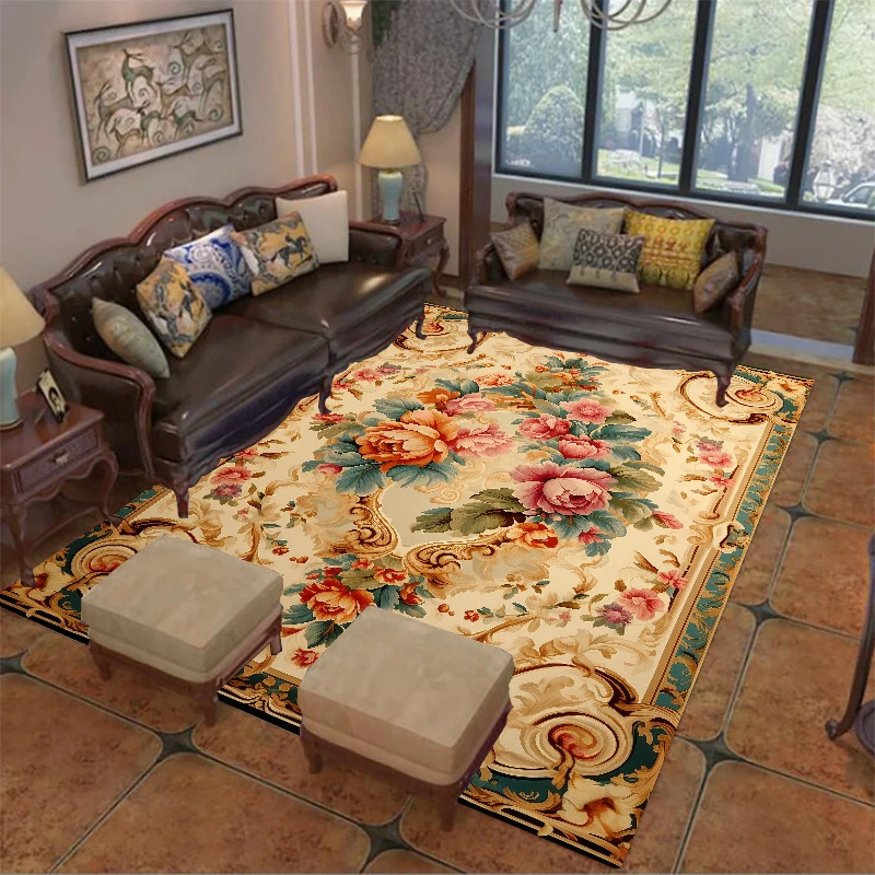 

European Style Luxury Carpet for Living Room Retro Pastoral Flower Home Decoration Large Area Bedroom Rug Floor Soft Door Mat