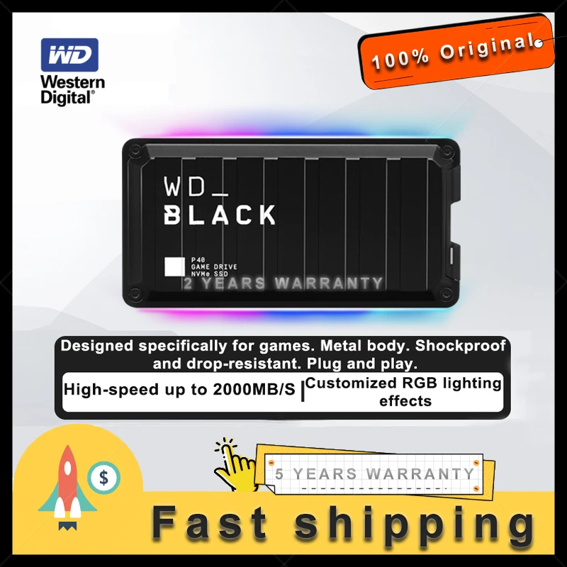 웨스턴 디지털 WD BLACK P40 게임 드라이브 SSD USB3.2 최대 2000MB/s RGB 조명 휴대용 외장 SSD (PS5, Xbox 호환)