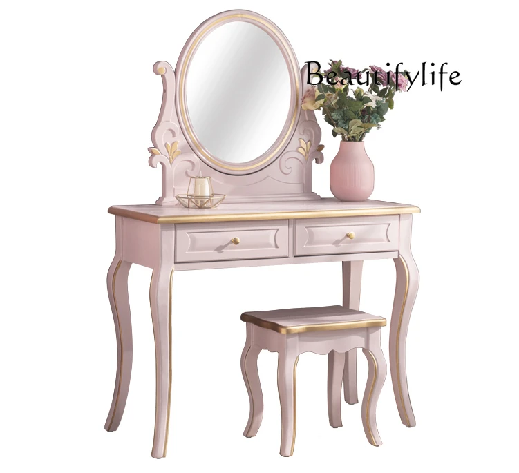 

Minimalist Dressing Table Jewelry Bedroom Beauty Cabinet with Mirror Stool Dressing Table High-End Makeup Table