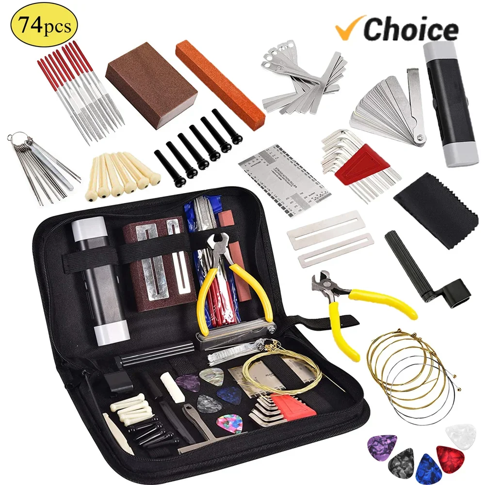 Guitar Tool Kit 14PCS/57PCS/74PCS Carry Bag Repair Tools String Action Ruler Luthier File Guitar Bridge Pins for Ukulele