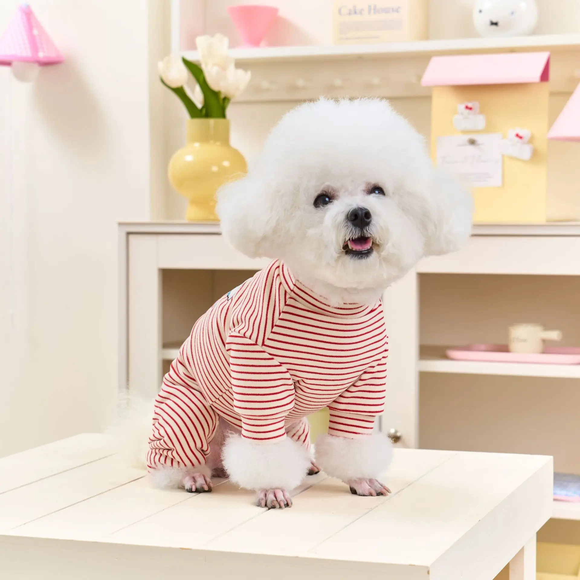 Randig hundpyjamas i fleece vinteroverall för hundar_voghion.com