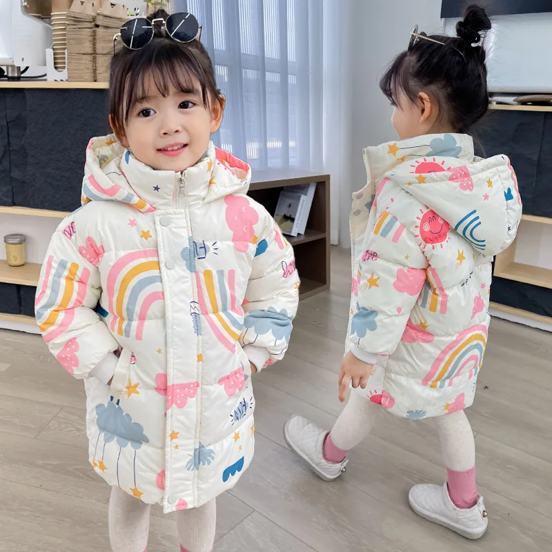 Toddler Boys Girls Down Windbreaker Coats Winter Rainbow Printed Children Hooded Parkas Kids Cotton Padded Warm Outerwear Jacket