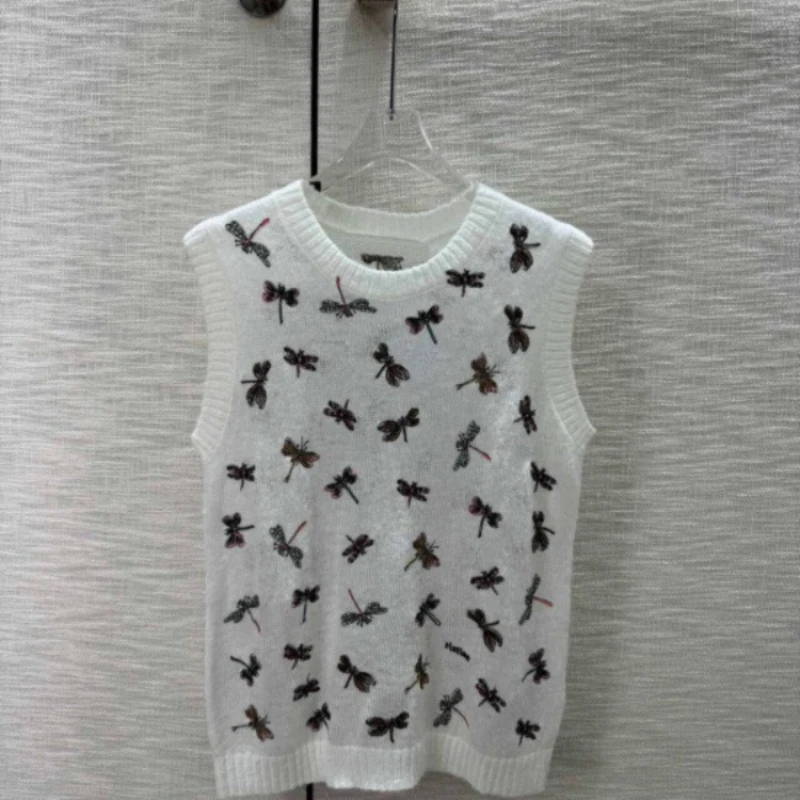 

Trendy Vest Sweater for Women Summer 2024 New Reducing Age Girl Style Dragonfly Embroidery Fashionable Slimming Knit Sweater